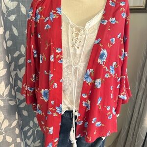 Forever 21 Vibrant lightweight Red Kimono-style Cardigan with Blue Floral Design